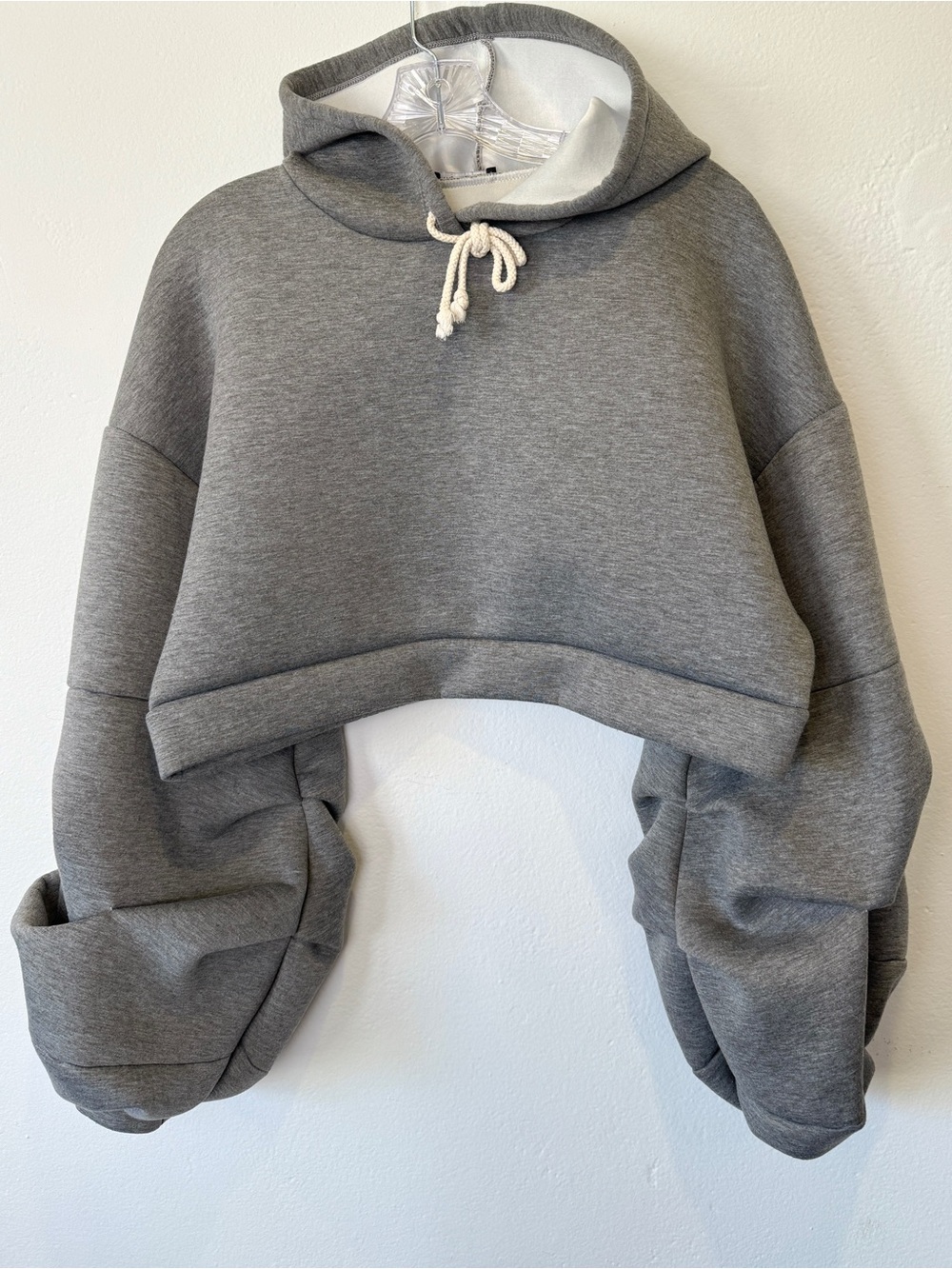 Fashion Nova Size Medium Gray Cropped Hoodie Balloon Sleeve Pullover Sweatshirt